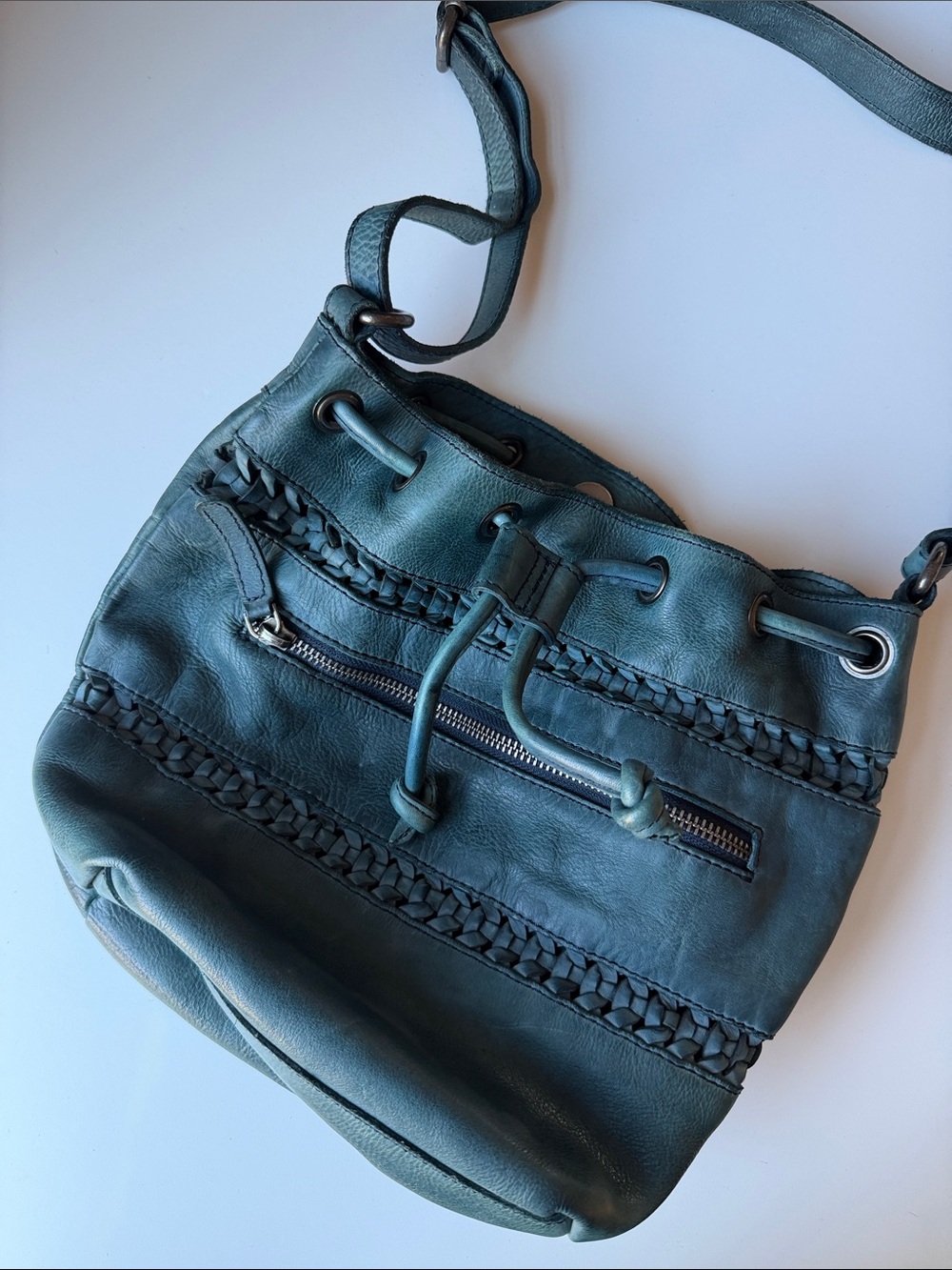 Braided Drawstring Shoulder Bag in Teal